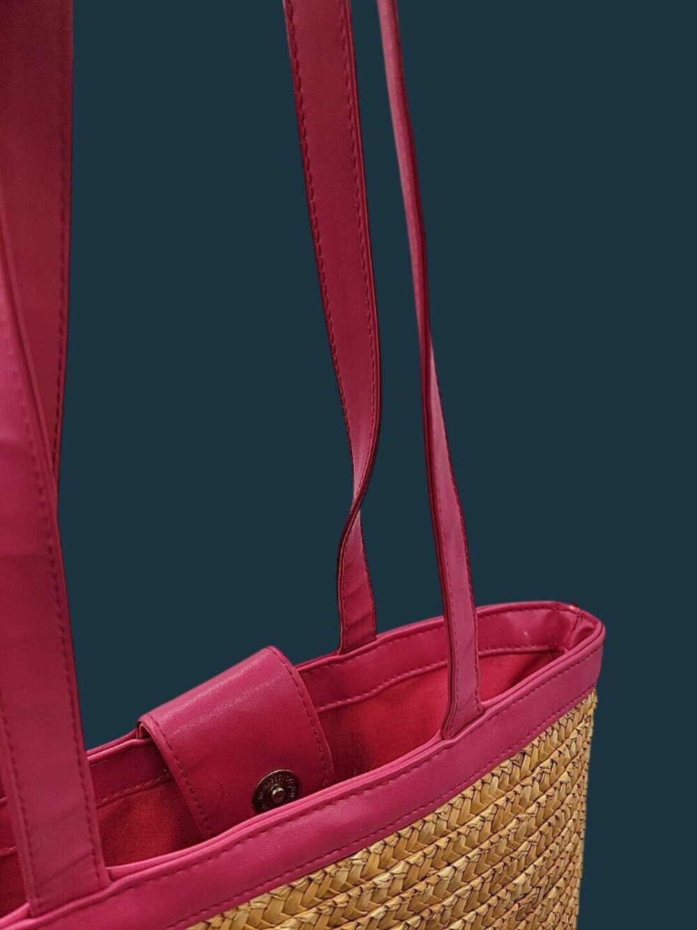 Vintage White Stag Flower Embroidered Straw Tote Bag Fuchsia Trim Y2K Boho - Picture 4 of 10